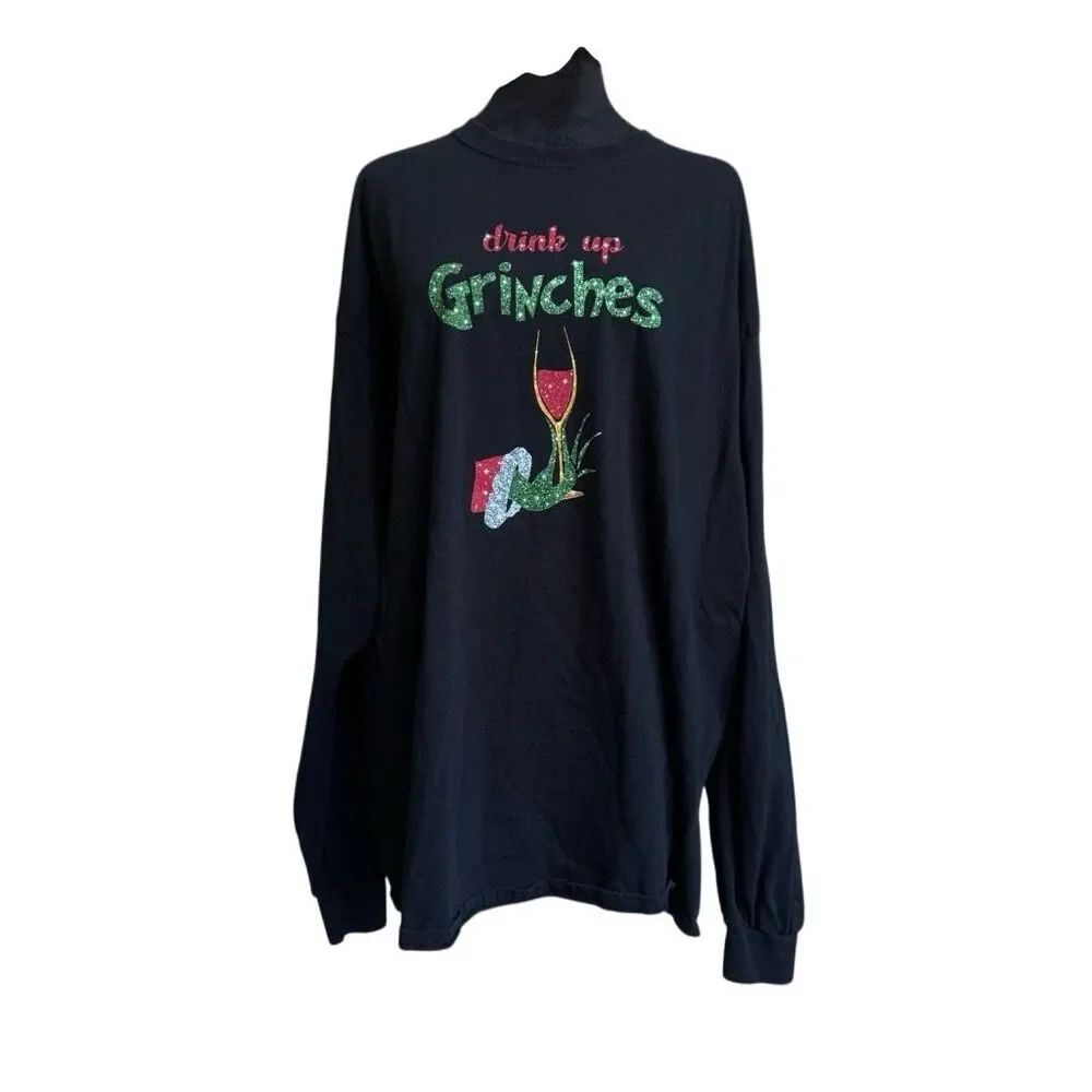Drink Up Grinches Christmas Graphic Long Sleeve T-Shirt Gildan Heavy Cotton 2XL